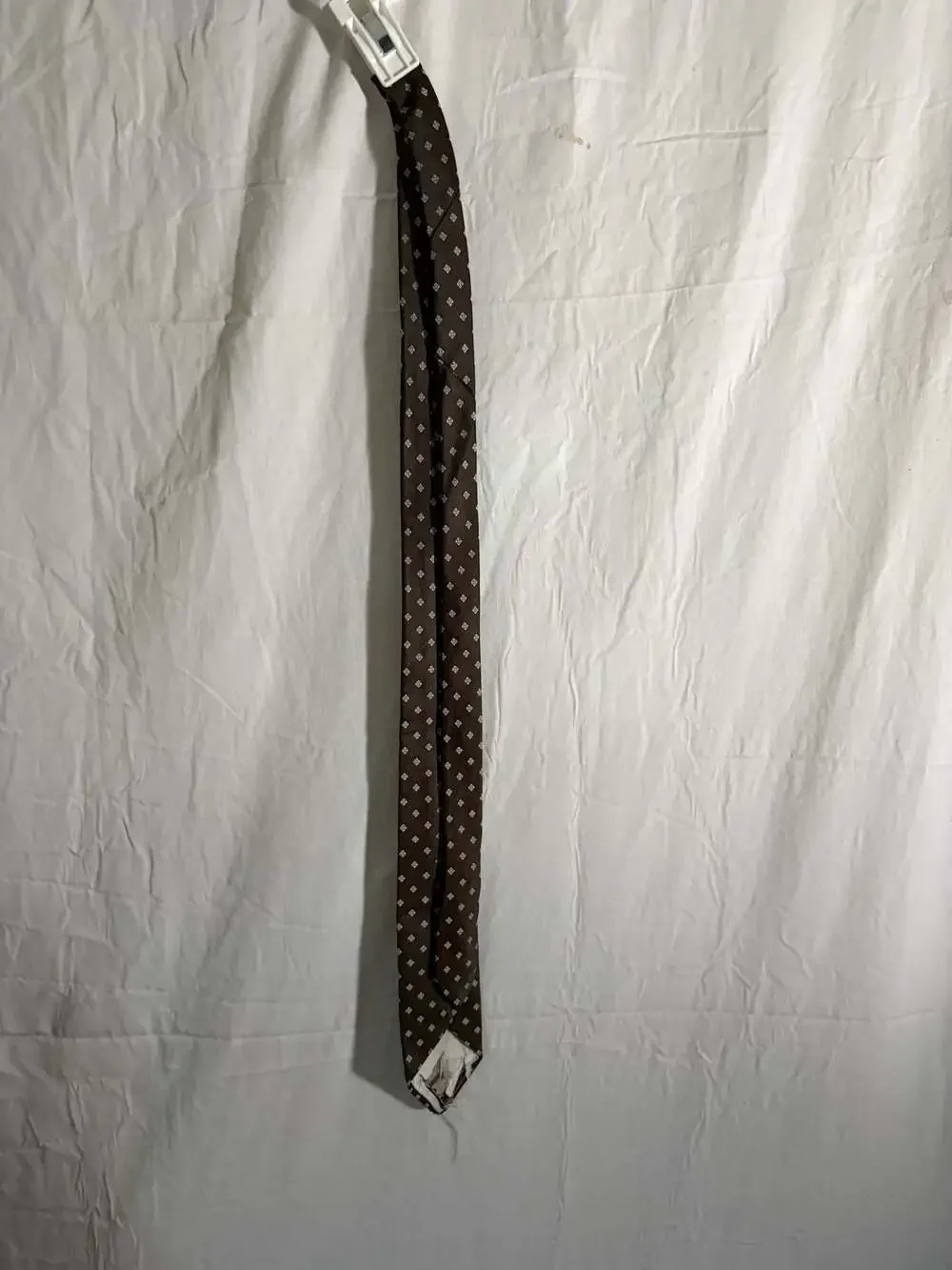 Vintage Brown Silk Neck Tie with White Diamond Pattern